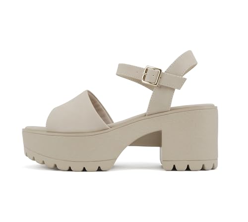 Image of Soda inchStacie inch ~ Women Open Toe Lug Sole Mid Block Heeled Sandals with Adjustable Ankle Strap