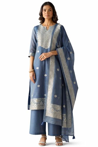 Image of FIORRA Women Cotton Jacquard Woven Kurta Set with Dupatta