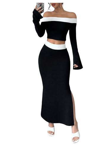 WDIRARA Women's 2 Piece Split Fishtail Skirt Set Monochrome Off Shoulder Top Outfit