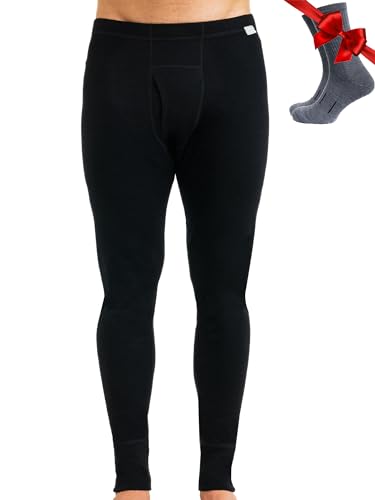 Merino.tech Merino Wool Base Layer Mens Bottom Pants 100% Merino Wool Midweight Thermal Underwear Long Johns + Wool Socks