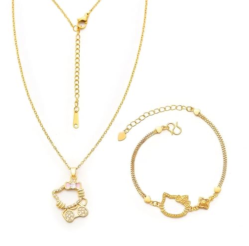 SZZHENGQIT Cute Kitty Gold-Plated Necklace Bracelet Set Cat Bow Pendant with Simulated Diamonds and Pearls Adjustable Chain for Women Kawaii Gift Jewelry (Gold)