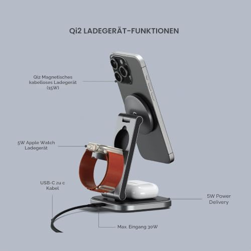 SATECHI 3-in-1 Qi2 Kabellose Ladestation, 15W Magnetisches Laden – Ansicht 2