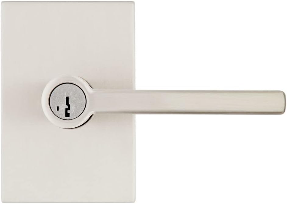 Kwikset Halifax Entry Door Handle with Lock and Key, Secure Keyed Reversible Lever Exterior, For Front Entrance and Bedrooms, Satin Nickel, Pick Resistant Smartkey Rekey Security and Microban