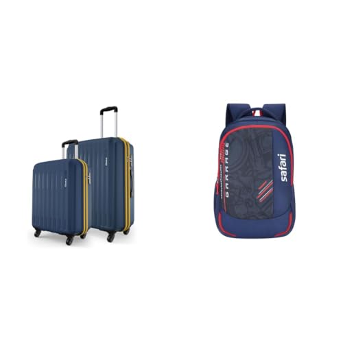 Image of Safari Genius Alley Set of 2 (Cabin + Medium) Trolley Bags Hard Case Polypropylene, 4 Spinner + Torque 37L Casual Printed Backpack, 3 compartments, Bottle Holder, Front Pocket, School Bag