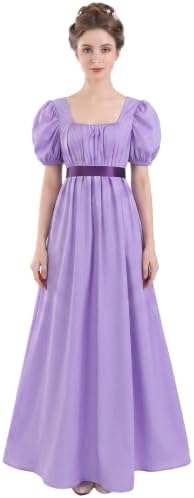 Women Regency Dress Square Neck Puff Sleeve Empire Waist Sash