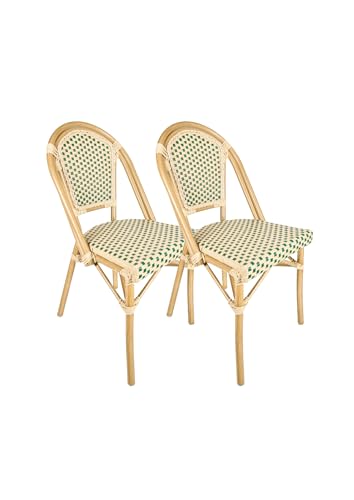 Chivari French Bistro Patio/Indoor Dining Chair, 2 Pack, Hand Woven Wicker, Fully Assembled (2, Beige/Green)