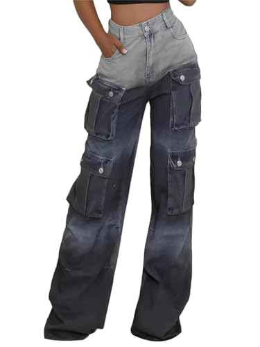 LKOUS Women’s Y2K High Waist Baggy Denim Jeans Streetwear Cargo Straight Fit Wide Leg Pants with Multiple Pockets