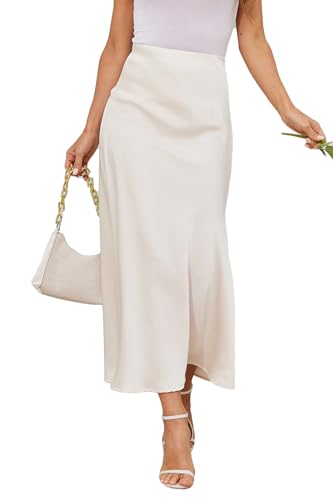 Women's Satin A-Line Midi Skirt High Waisted Flowy Spring Skirts Elegant Cocktail Party Skirts