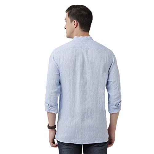 Image of Linen Club Men's Pure Linen Blue Chambray Slim Fit Full Sleeve Casual Shirt