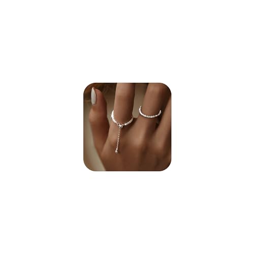 Stackable-925-Sterling-Silver-Link-Chain-Ring-with-Dangle-Beaded-Ball-Adjustable-Tassel-Dangling-Ring-for-Women-Thin-Sparkling-Bling-Finger-Statement-Line-Ring-Jewelry-Graduation-Gifts-for-Her