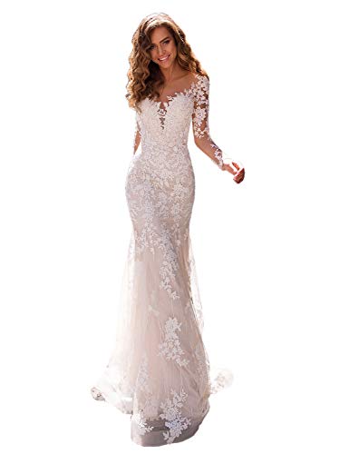 HedyDress Women's Mermaid Lace Wedding Dresses for Bride 2020 Long Sleeves Bridal Gowns Ivory 16