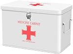 Flexzion First Aid Box Organizer Empty with Lock - 13" White Vintage First Aid Kit Tin Metal Medical Box - First Aid Storage Bin Container with Dividers, Removable Tray and Red Cross Logo