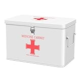 Flexzion First Aid Box Organizer Empty with Lock - 13" White Vintage First Aid Kit Tin Metal Medical Box - First Aid Storage Bin Container with Dividers, Removable Tray and Red Cross Logo
