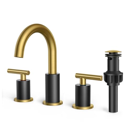 Image of FORIOUS Black and Gold Bathroom Faucet 3 Hole with Pop Up Drain and 24 in Supply Line, 2 Handle Modern Bathroom Vanity Faucet Widespread 8 inch with 360 Degree Swivel Gooseneck, for 6 inch to 12 inch Basin