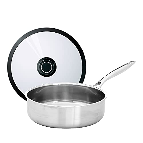 Black Cube Stainless Steel 3 QT Sauté Pan With Lid, 3 Ply Professional Grade Steel 9.5-Inch Pan, Sliver, Dishwasher Safe.
