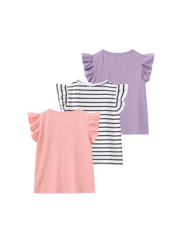 Image of Girls 4 Packs Tees Ruffle Short Sleeve T-Shirt Ribbed Knit Casual Summer Tunic Tops 4-12 Years