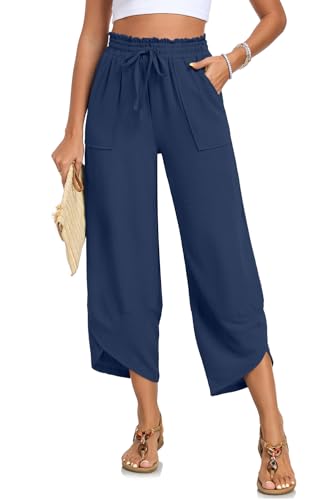 EdgeVibe Capri Pants for Women Wide Leg Summer Beach Capris High Waist Casual Palazzo Pants Cropped Loose Work Pants with Pockets XL Navy Blue