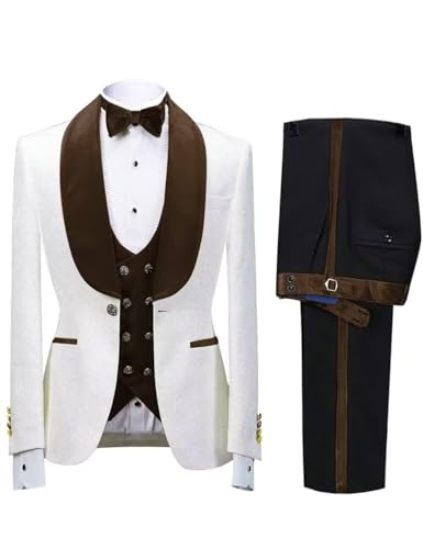 Men's 3 Piece Suit Slim Fit Floral Jacquard Tuxedo Velvet Suits Dark Brown