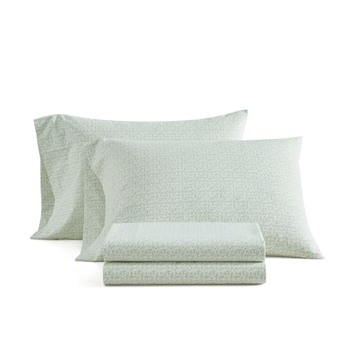 Image of Martha Stewart - Queen Size Sheets Set, Crisp & Tailored Cooling Sheets w /a Naturally Smooth Cotton Percale Lightweight Feel - Bed Sheets with Matching Pillowcases & Fitted Sheet (Leaves Green)