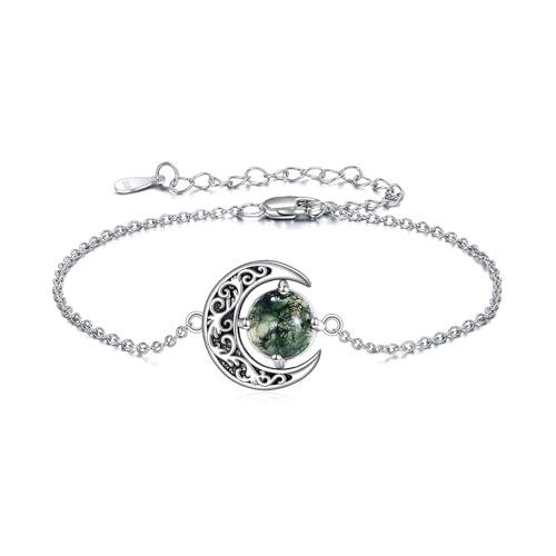 URONE Moss Agate Bracelet for Women 925 Sterling Silver Moon Bracelet Moss Agate Jewelry Gifts