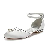 yesTGE Damen Runde Zehe Satin Ballerinas D'Orsay Brautschuhe Hochzeitsschuhe mit Knöchelriemen,Elfenbein,38 EU