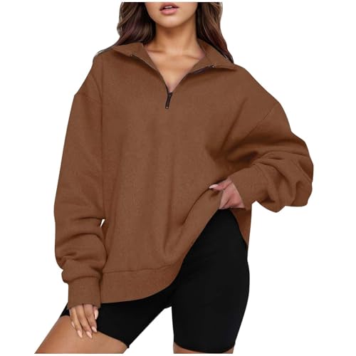Genérico Nueva Sudadera Deportiva Holgada De Color Sólido con Cuello Y Cremallera De Manga Larga para Mujer De De Otoño E Invierno (Coffee M)