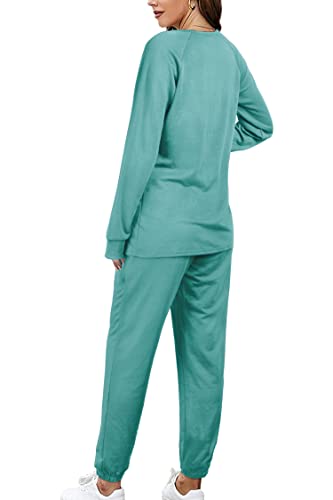 Sweatsuits Sets For Women 2 Piece Crew Neck Loose Fitting Pants Set Mint Blue M #TOP3