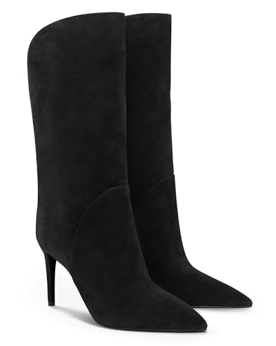 Coutgo Women's Black Mid Calf Stiletto Boots 9.5