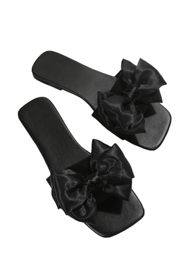 GORGLITTER Women's Bow Flat Sandals Square Open Toe Dressy Summer Vacation Slides Shoes
