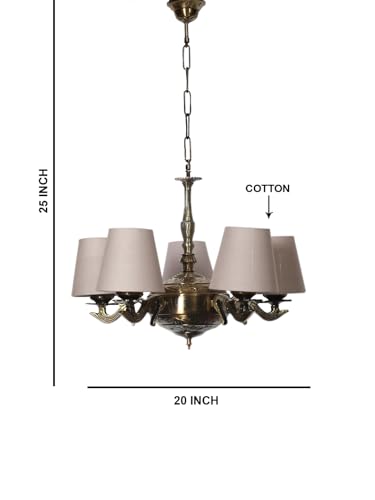 Image of Devansh 05 Lights Grey conical Cotton Shade with Antique Golden Chandelier