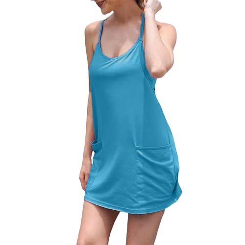 Image of UNIANKIYA Womens Workout Romper Dress with Shorts Underneath Sleeveless Spaghetti Straps Athletic Outfits Casual Vacation