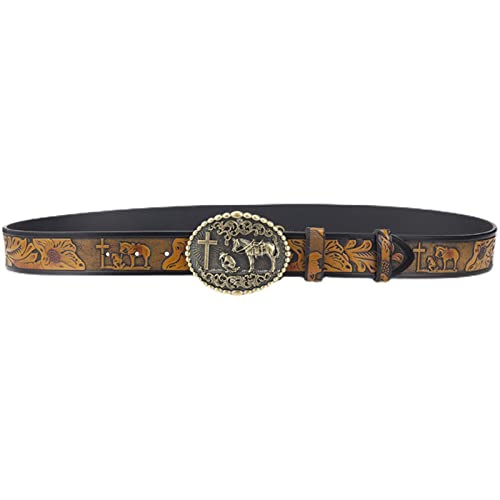 Western Cowboy Belt Norse Viking Horse Head Belt Punk Rodeo Horse Engraved Flower Western Belt,Reddish Brown b,100CM/39.4''2