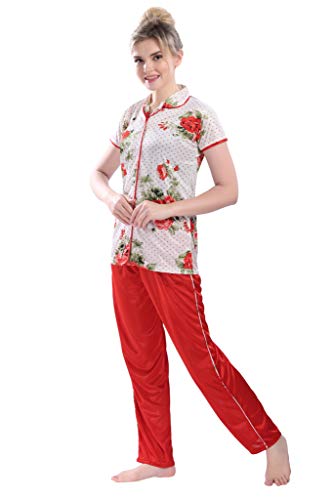 Image of Printed Night Suit for Women - Flower Print Satin Shirt and Pyjama Set (Front Open Collar Night Suit)
