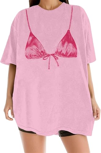 Women Funny Bikini T Shirt Y2k Bra Print Short Sleeve Oversized Shirt Crewneck Neck Graphic Coquette Tee Tops(Loose Pink Large)