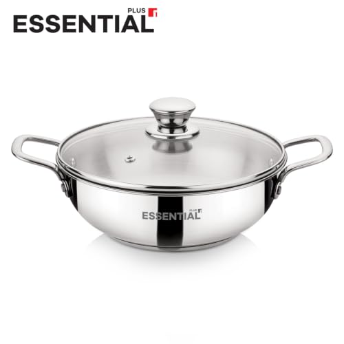 Image of BERGNER Essential Plus Stainless Steel Kadai with Glass Lid, 24cm (2.8 L), Even Heat Distribution, Consumes Less Oil, Healthy Cooking, Easy to Clean - Induction and Gas Stove Ready