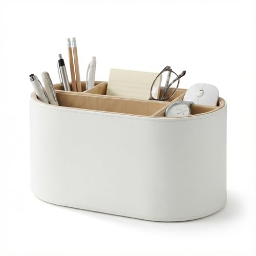 KINGFOM 多機能 デスク周り 収納 ボックス レザー調 【5区画仕切り】 ペン立て 小物入れ リモコン 収納 卓上整理ケース オフィス ホーム (オフホワイト)