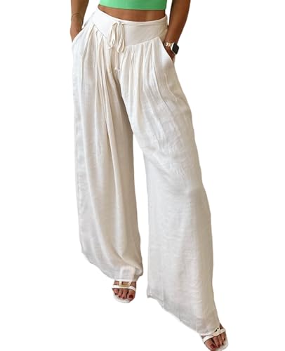 Wide Leg Pants for Women Casual Tie Waist Pleated Trouser 2025 Casual Flowy Loose Comfy Fit Lounge Pants with Pockets