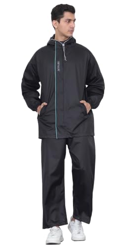 Image of Shasmi Men's Raincoat for Men Waterproof with Hood | Premium Polyester Rain Suit for Bike Riders | Leak Proof Full Body Rainwear Set with Pants | Heavy Duty Zipper (Rainy 290)