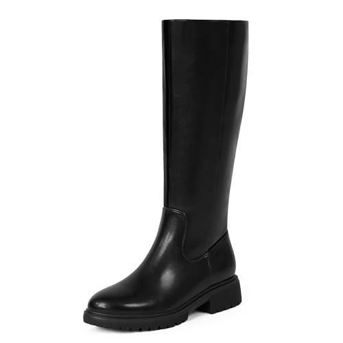VIUGJNEX Black Knee High Boots for Women No Heel Long Tall Riding Boots Round Toe Chunky Block Flat Boot Lug Sole Low Heel Platform Fall Boot Size 6.5