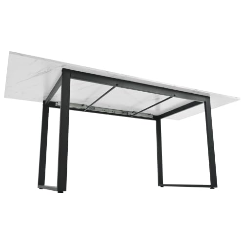 Tavolo da pranzo rettangolare allungabile 140/180 cm, struttura in metallo effetto marmo, tavolo da cucina per 6-8 persone, bianco