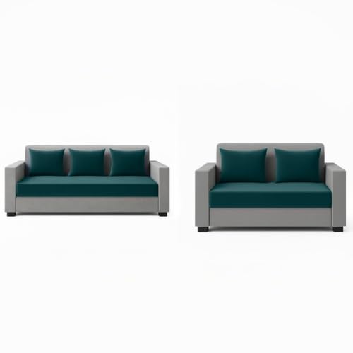 Image of FURNY Lexon 5 Seater Fabric 3+2 Sofa Set (Greenish Teal-Light Grey) Premium Velvet Finish | Durable & Comfortable | Ideal for Office & Living Room
