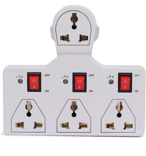 Image of Multi-Plug Extension Board, 3 Outlet Sockets with Individual Switches, LED Indicators, White, Universal Compatibility