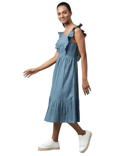 Image of Fabindia Women Back Tie Up Dress Cotton Teal