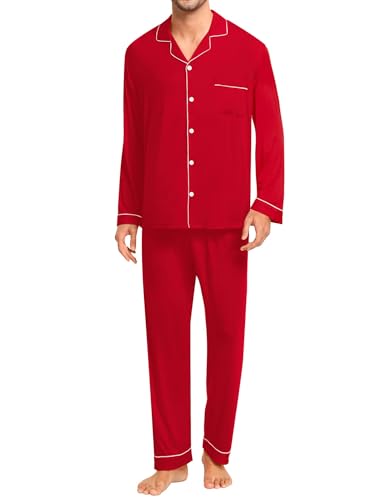 SWOMOG Men Christmas Red Pajamas Set Modal Long Sleeve Cotton Sleepwear Soft Button Down Nightwear 2 Pcs Comfy Pj Set Winter Outfits with Pants