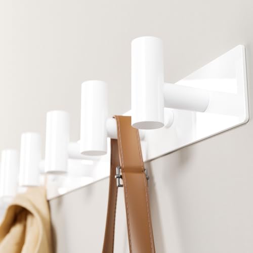 White Wall Mounted Coat Rack – 5 T-Shaped Hooks on 16.5" Rail, (1 Pack)