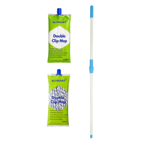 Image of ALTRUIST Double Clip Mop Combo | 1 Adjustable Telescopic Mop Stick 4fit + 2 Cotton Refills (1 Plain White & 1 Blue Stripe) | Heavy Duty Floor Cleaning Mops for Home, Office & Commercial Use