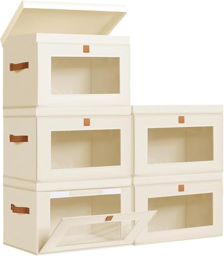 Image of DIMJ Storage Bins with Lids - 5 Pack Large Fabric Closet Organizer with Window & Handles, Collapsible Decorative Storage Boxes for Shelves Under Bed, Books Clothes Blankets Sweaters Organization