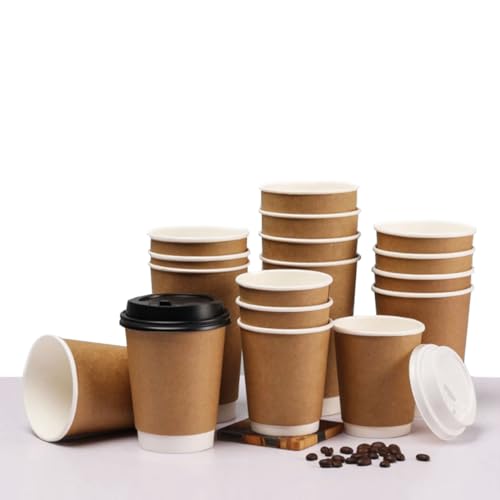 Frisence 二重断熱紙コップ 紙コップ 使い捨て コーヒー カップ 蓋つき お茶カップ 耐熱 紙コップ 50個入 厚紙 カップカフェラテテイクアウト コーヒーミルクティー テイクアウト紙コップ 閉じた蓋 温冷両用 使い捨てカップ業務用品 ホルダー F