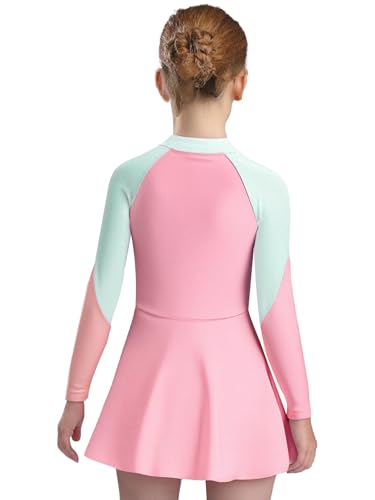 renvena Girls 2-Piece Rash Guard Swimsuit Kids Long Sleeve Zip-up Color Block Dress with Shorts3