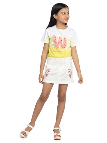 Image of Under Fourteen Girls Paper Bag Waist Band Embroider Skirt | Skirt for Girls | Woven | 6-7 Yrs(Cream)
